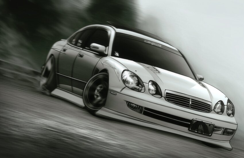 car drifting grey_car greyscale highres monochrome motion_blur motor_vehicle no_humans original outdoors shadow stance_(vehicle) suimagi toyota toyota_aristo vehicle_focus