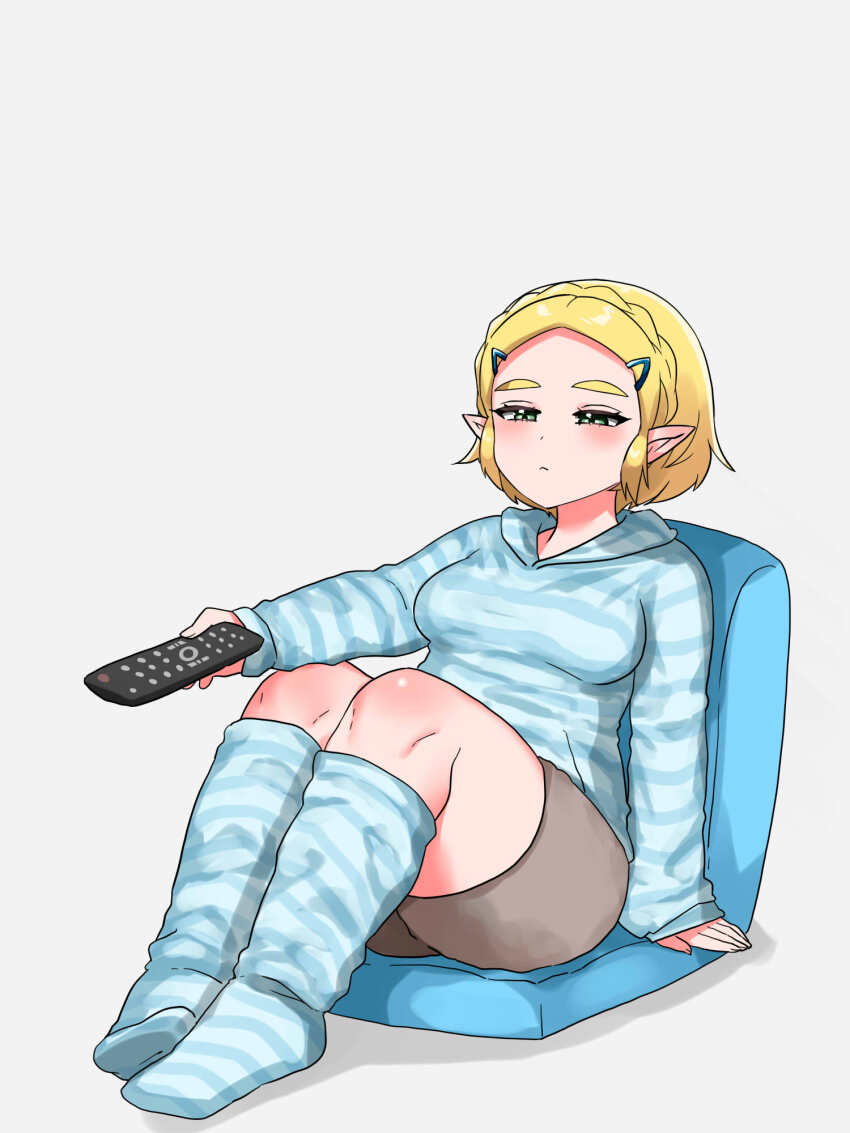 1girl alternate_costume arm_support blonde_hair blue_shirt blue_socks braid breasts closed_mouth commentary_request controller crown_braid full_body green_eyes grey_shorts highres holding holding_controller holding_remote_control long_sleeves loungewear medium_breasts nintendo pointy_ears princess_zelda remote_control shirt short_hair shorts sitting socks solo the_legend_of_zelda the_legend_of_zelda:_tears_of_the_kingdom wasabi_(legemd) white_background