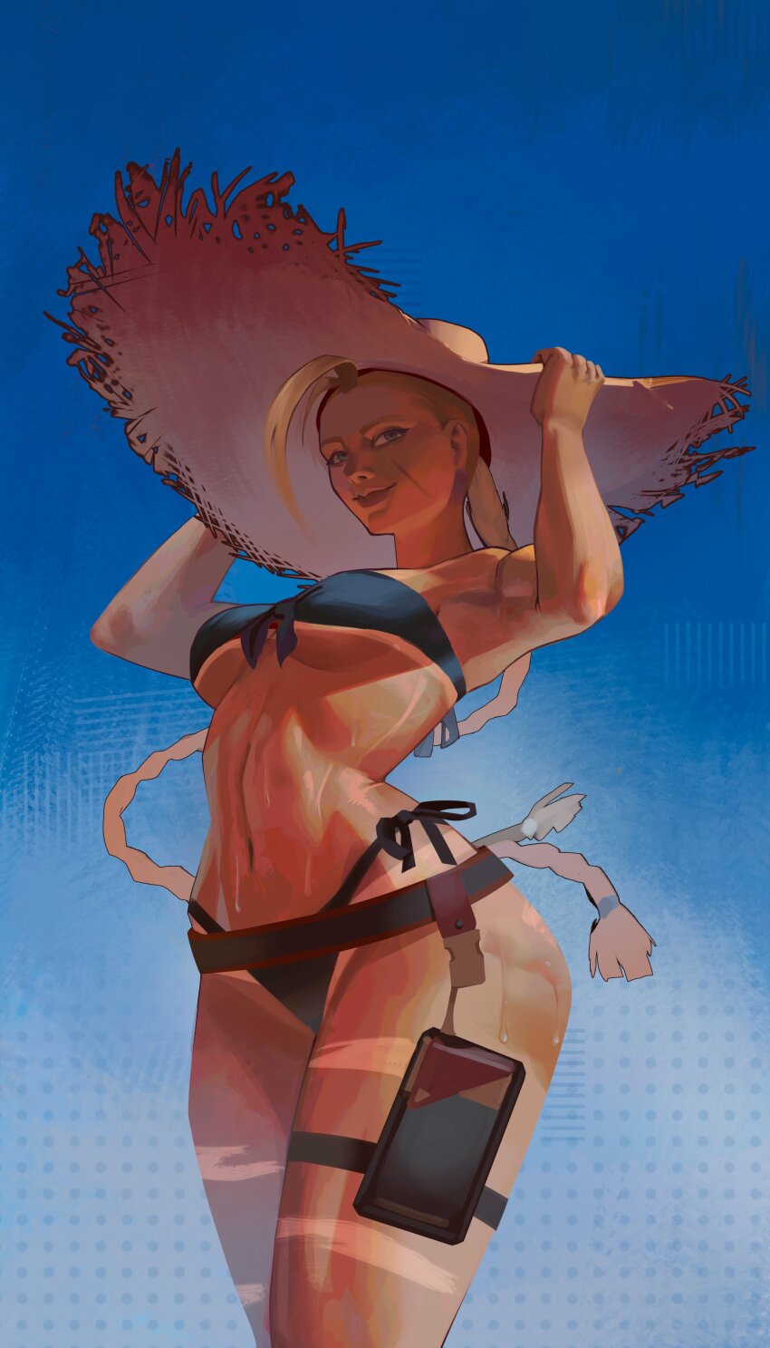 1girl agngabryel alternate_color alternate_costume ass bikini black_bikini blonde_hair blue_eyes blue_sky blush body_blush braid breasts cammy_white curvy gradient_background hat highres huge_ass long_hair lying medium_breasts official_alternate_costume parted_lips side-tie_bikini_bottom sky smile solo straw_hat street_fighter street_fighter_6 sun_hat swimsuit tan tanline thong thong_bikini twin_braids wide_hips