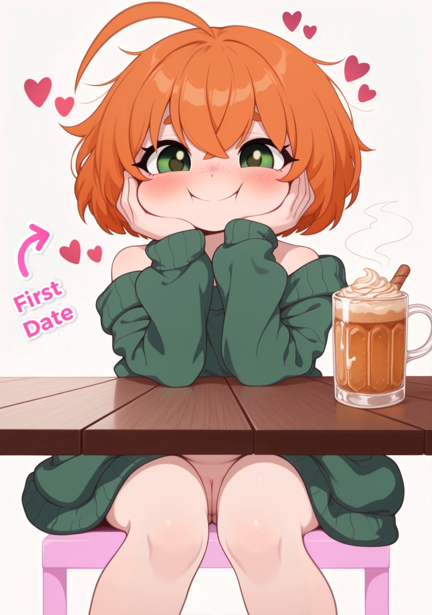 absurdres accidental_exposure ahoge ai-assisted arm_support bare_shoulders blush bob_cut bottomless chair cheek_bulge cheek_squash chocolate clueless coffee coffee_mug commentary crossed_bangs cup english_commentary english_text eyebrows_hidden_by_hair freckles green_eyes hair_between_eyes happy heart highres hina_kurosawa knees_together_feet_apart loli messy_hair muffin_top mug no_panties orange_hair original pussy pussy_peek short_hair simple_background sitting smile steam sweater table thighs whipped_cream white_background wooden_table