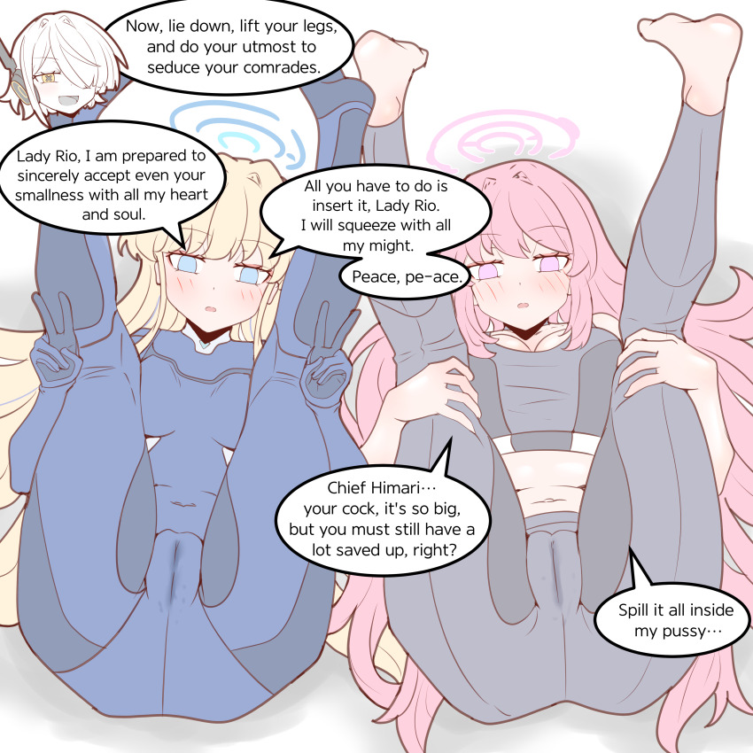 3girls absurdres ass barefoot blonde_hair blue_archive blue_eyes blue_hair blush breasts cameltoe cleavage double_v eimi_(blue_archive) halo highres long_hair lying multiple_girls navel on_back physisyoon pink_eyes pink_hair pussy_juice_stain sof_(blue_archive) toki_(blue_archive) v very_long_hair