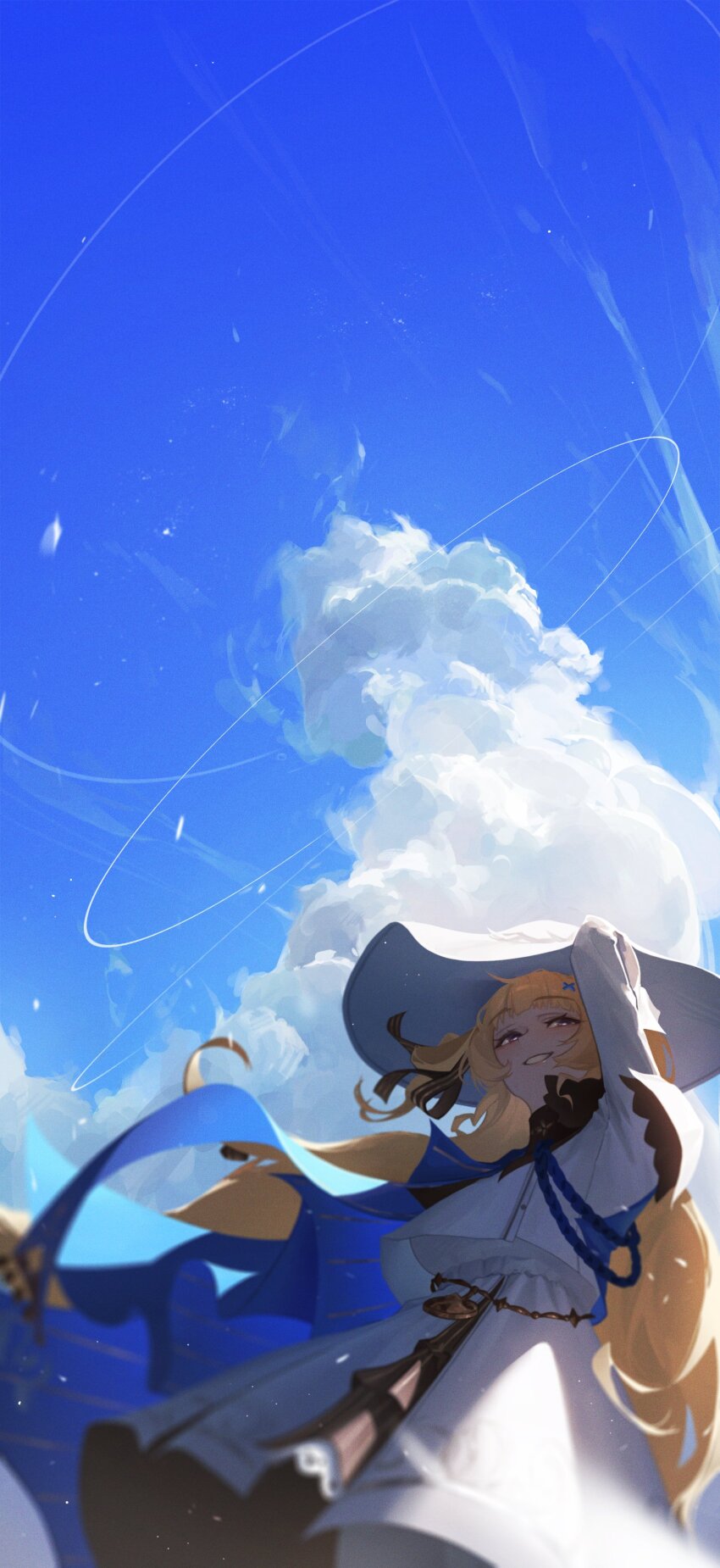 1girl absurdres arm_up blonde_hair blue_sash blue_sky cloud commentary day edwin62293123 from_below hair_ornament hashtag-only_commentary hat highres long_hair looking_afar looking_ahead outdoors parted_lips phoebe_(wuthering_waves) purple_eyes sash shirt skirt sky smile solo white_hat white_shirt white_skirt wind wuthering_waves x_hair_ornament