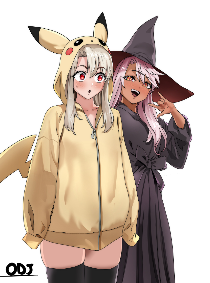 2girls absurdres black_dress black_hat black_thighhighs blush breasts chloe_von_einzbern cosplay dark-skinned_female dark_skin dress fate/grand_order fate_(series) gen_1_pokemon hat highres hood hoodie illyasviel_von_einzbern long_hair long_sleeves looking_at_viewer looking_to_the_side multiple_girls nintendo oldmanjenkins84 open_mouth orange_eyes pikachu pikachu_(cosplay) pikachu_hood pikachu_tail pink_hair pokemon pokemon_tail red_eyes sidelocks small_breasts smile tail thighhighs thighs white_hair witch_hat yellow_hoodie