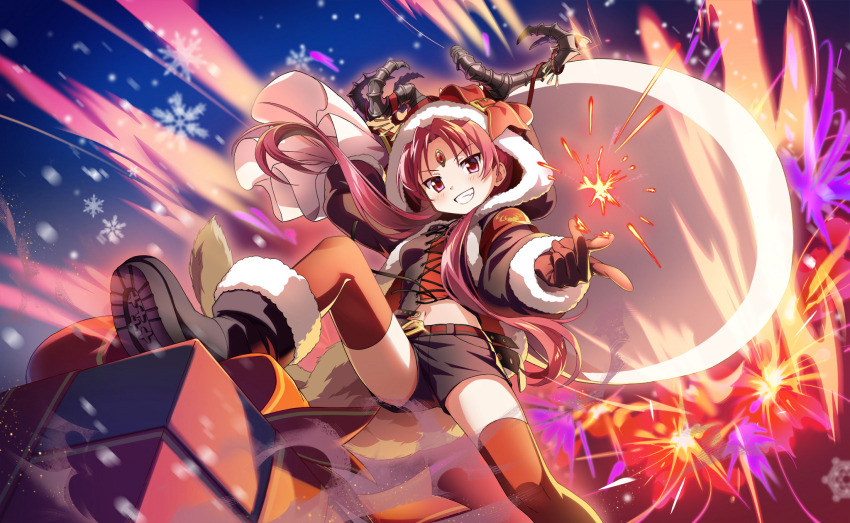 1girl antlers armband artist_request belt belt_buckle belted_jacket black_belt black_boots black_gloves black_jacket black_shorts blue_sky boots bow brown_belt buckle carrying_over_shoulder child christmas cropped_shirt cross-laced_clothes cross-laced_top denim denim_shorts dot_nose explosion fake_antlers fang fire fireworks foot_out_of_frame forehead_jewel fur-trimmed_boots fur-trimmed_hood fur-trimmed_jacket fur_trim game_cg gem gift gloves gold_buckle grin hair_over_shoulder highres holding holding_sack hood hood_up hooded_jacket horn_bow horn_ornament horn_ribbon horns jacket light_blush long_hair long_sleeves looking_at_viewer low_twintails mahou_shoujo_madoka_magica mahou_shoujo_madoka_magica_magia_exedra midriff navel night official_alternate_costume official_art open_clothes open_jacket outline oversized_object parted_bangs pocket puffy_long_sleeves puffy_sleeves pyrokinesis red_armband red_bow red_eyes red_gemstone red_hair red_outline red_ribbon red_shirt red_thighhighs reindeer_antlers ribbon sack sakura_kyoko sakura_kyoko_(yuletide_gift) shirt short_shorts shorts sky smile smoke snapping_fingers snowflakes snowing studded_belt thighhighs tsurime twintails uneven_footing v-shaped_eyebrows