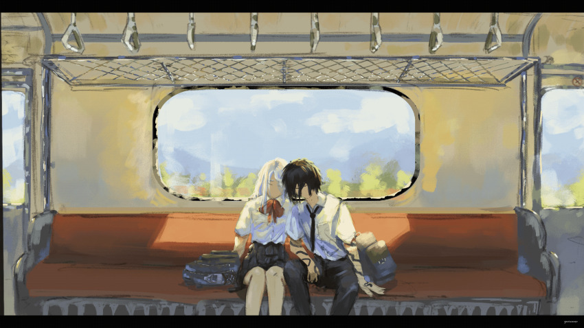 1boy 1girl absurdres animated animated_gif bag black_hair black_necktie black_skirt collared_shirt day feet_out_of_frame hand_grip heads_together highres ignoramoose letterboxed mountainous_horizon neck_ribbon necktie nephis_(shadow_slave) ribbon school_uniform shadow_slave shirt short_hair shoulder_bag sitting skirt snake_tattoo sunny_(shadow_slave) tattoo train_interior white_shirt window_light