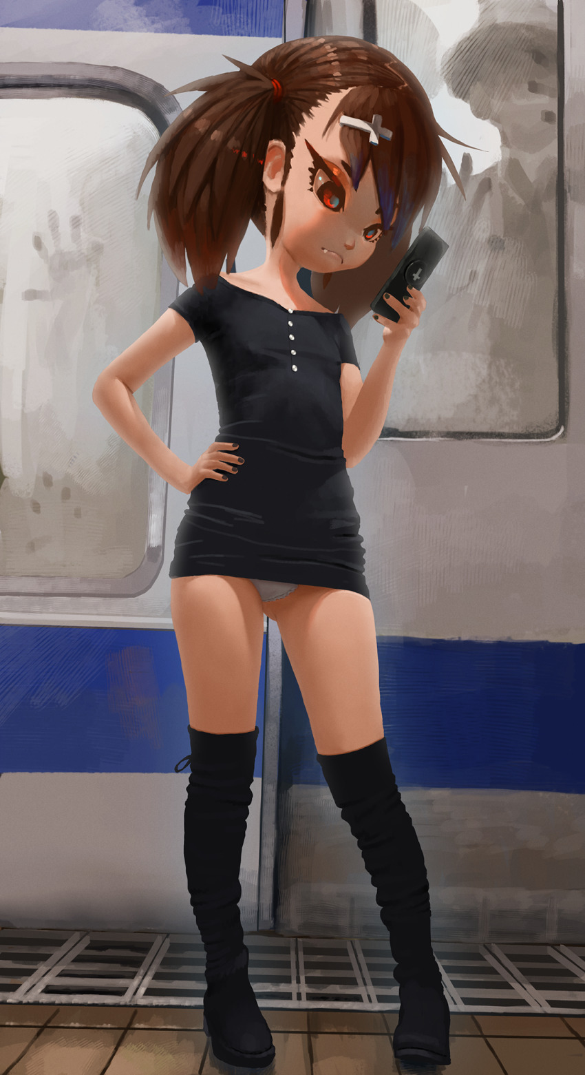 1girl black_hair commentary dagger_(fiz-rot) fiz-rot frown full_body hand_on_own_hip highres loli long_hair no_pants original people red_eyes solo_focus thighhighs twintails