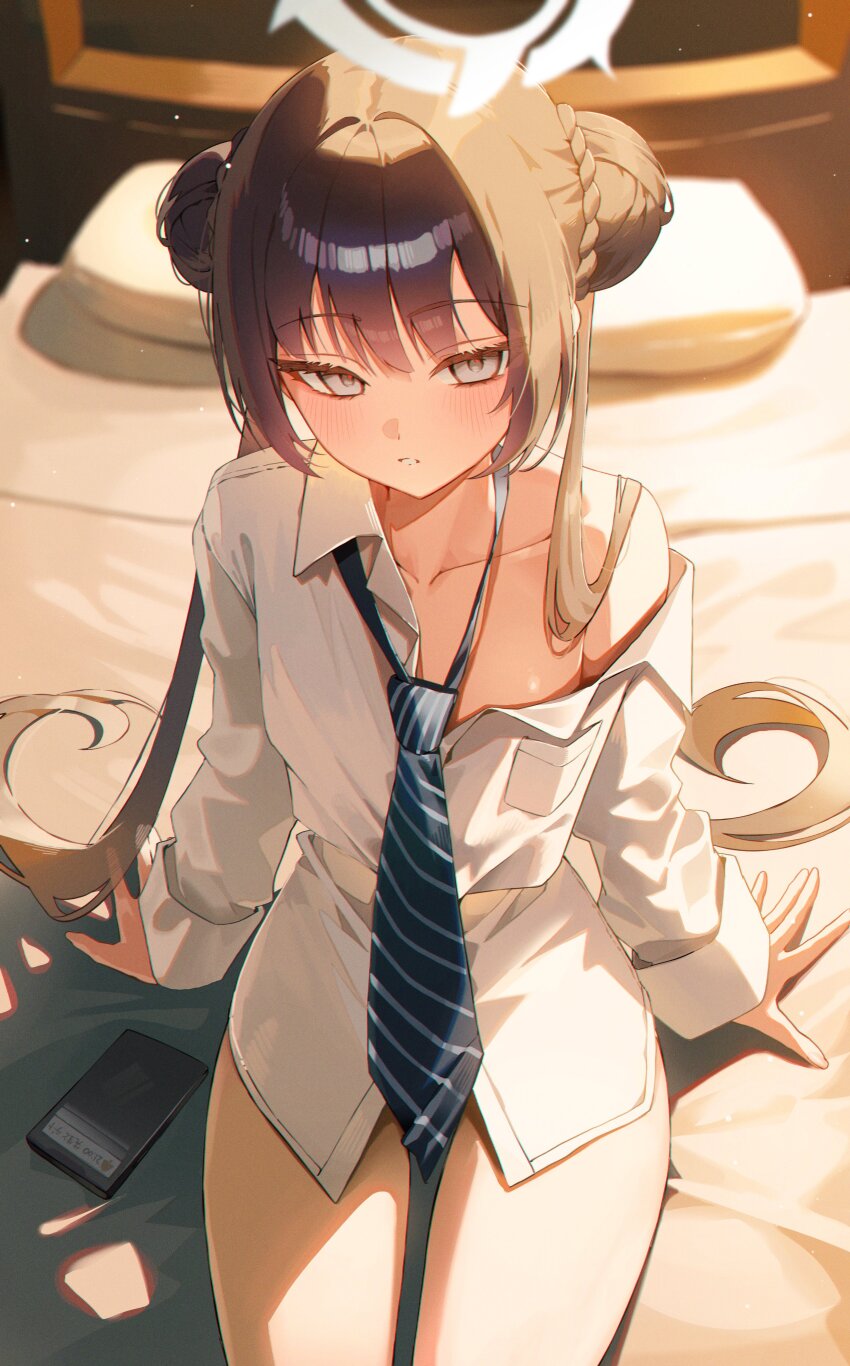 1girl absurdres bed blue_archive blush breasts collarbone commentary_request domi_(hongsung0819) halo highres kisaki_(blue_archive) light_blush long_hair looking_at_viewer necktie pillow sitting small_breasts solo very_long_hair