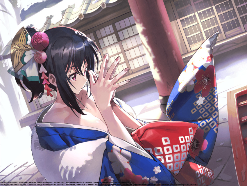 1girl black_hair blue_kimono code_geass code_geass:_boukoku_no_akito code_geass:_genesic_re;code floral_print floral_print_kimono japanese_clothes kimono kousaka_ayano obi official_art open_mouth print_kimono purple_eyes sash short_hair smile solo