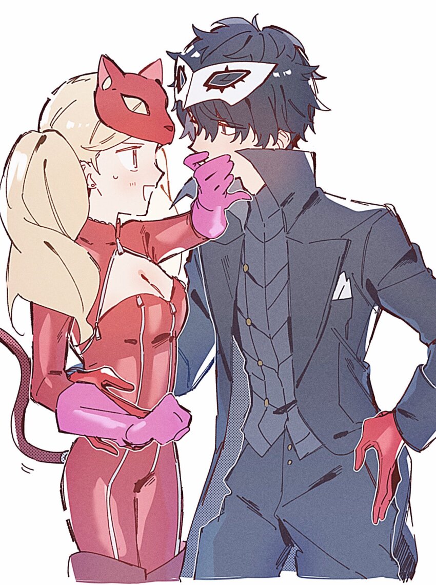 1boy 1girl amamiya_ren black_coat black_hair black_pants blonde_hair blush breasts cat_mask catsuit cleavage coat commentary_request covering_another's_mouth cropped_legs gloves hair_between_eyes hand_on_another's_waist hand_over_another's_mouth hetero highres long_hair long_sleeves mask mask_on_head medium_breasts paitan1007 pants persona persona_5 pink_gloves red_gloves red_mask simple_background tail takamaki_anne twintails