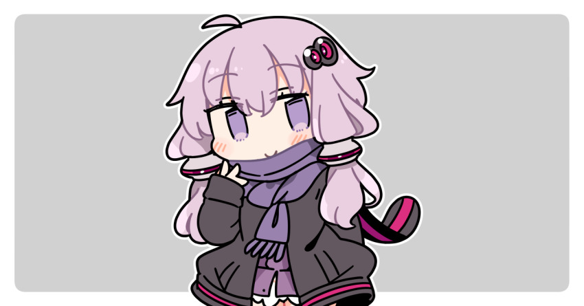 1girl ahoge black_jacket blush border chibi chibi_only closed_mouth cowboy_shot dress grey_background hair_ornament hand_up ini_(inunabe00) jacket long_sleeves looking_at_viewer open_clothes open_jacket outline outside_border purple_dress purple_eyes purple_hair purple_scarf scarf short_hair_with_long_locks simple_background smile solo vocaloid voiceroid white_border white_outline winter_clothes yuzuki_yukari