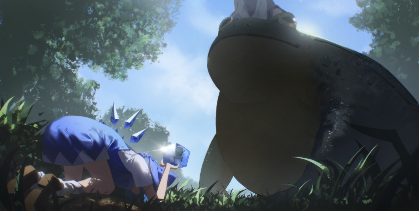 2girls absurdres animal apologizing blue_bow blue_dress blue_hair blue_sky bow bowing brown_shoes cirno cloud commentary_request day detached_wings dogeza dress fairy frog frozen_frog grass hair_bow highres ice ice_wings kinoko_(kino2435006) moriya_suwako multiple_girls outdoors oversized_animal pinafore_dress shirt shoes sky sleeveless sleeveless_dress socks touhou tree white_shirt white_socks wings