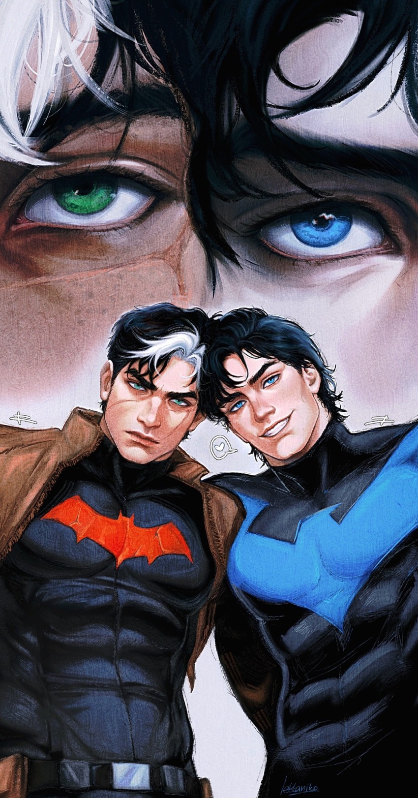 bat_signal batman_(series) batman_symbol black_bodysuit black_hair blue_eyes bodysuit brothers brown_jacket dc_comics dick_grayson gloves green_eyes grey_bodysuit highres jacket jason_todd lettaniko male_focus multicolored_bodysuit multicolored_hair multiple_boys muscular muscular_male nightwing open_clothes pants red_hood_(dc) red_hood_and_the_outlaws scar scar_on_face short_hair siblings smile superhero_costume taut_bodysuit two-tone_bodysuit two-tone_hair western_comics_(style)