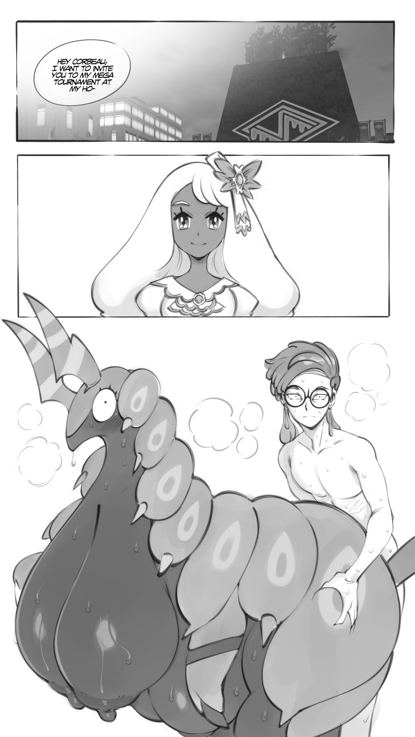 1boy 2girls ? adjusting_eyewear blush breasts closed_mouth collared_shirt completely_nude corbeau_(pokemon) dark-skinned_female dark_skin english_text expressionless furry furry_female gen_5_pokemon glasses grabbing_another&#039;s_ass greyscale groping hair_ornament hairclip highres indoors interspecies jacinthe_(pokemon) large_breasts long_hair looking_at_another monochrome multiple_girls nintendo nude pokemon pokemon_legends:_z-a pokephilia round_eyewear saltyxodiumcity scolipede sex shirt short_hair simple_background smile speech_bubble standing standing_sex steaming_body surprised sweatdrop very_long_hair what white_background