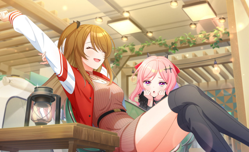 2girls black_ribbon blush boots breasts brown_hair closed_eyes commentary_request crossed_legs fudeshima_shigure game_cg hair_ornament hair_ribbon highres indoors jacket large_breasts long_hair long_sleeves multiple_girls official_art one_side_up open_mouth pink_hair purple_eyes ribbon sitting smile sweater thighhighs third-party_source world_dai_star yorozu_iruru