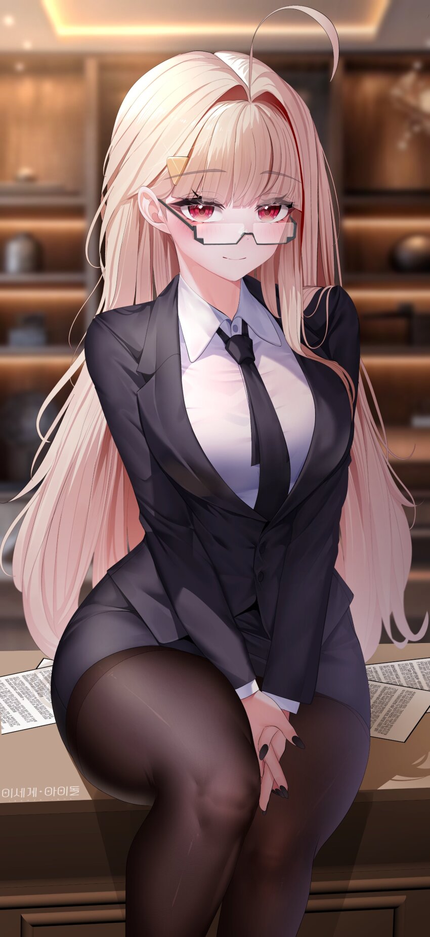 1girl absurdres ahoge black_nails black_necktie black_pantyhose black_skirt blunt_bangs blush breasts ceiling ceiling_light closed_eyes collared_shirt commentary_request glasses hair_intakes hair_ornament highres indoors jacket jingburger korean_commentary korean_text large_breasts long_hair looking_at_viewer nail_polish necktie office_lady on_table own_hands_together pantyhose paper pencil_skirt red_eyes shirt sitting skirt sleeves_past_wrists smile solo suit_jacket table thighband_pantyhose thighs triangle_hair_ornament v_arms very_long_hair virtual_youtuber waktaverse white_shirt wing_collar yeon_do_e