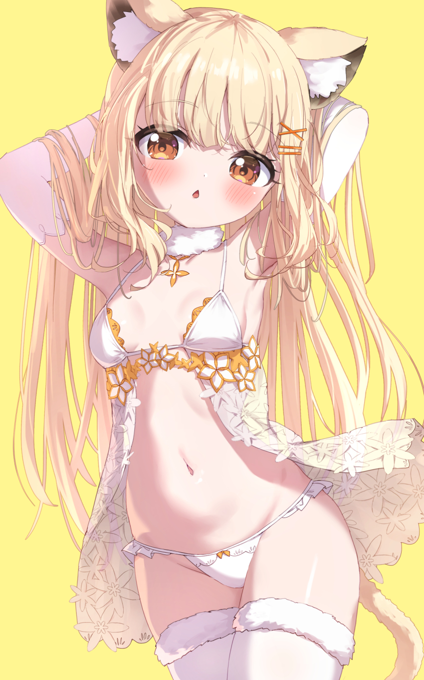 1girl absurdres animal_ear_fluff animal_ears armpits arms_behind_head arms_up babydoll bare_shoulders blonde_hair blush bow bow_panties breasts brown_eyes chestnut_mouth collarbone commentary fur-trimmed_legwear fur_trim hair_ornament hairclip highres long_hair looking_at_viewer masaki_(msk064) navel original panties parted_lips revision simple_background small_breasts solo symbol-only_commentary thighhighs underwear underwear_only very_long_hair white_panties white_thighhighs x_hair_ornament yellow_background