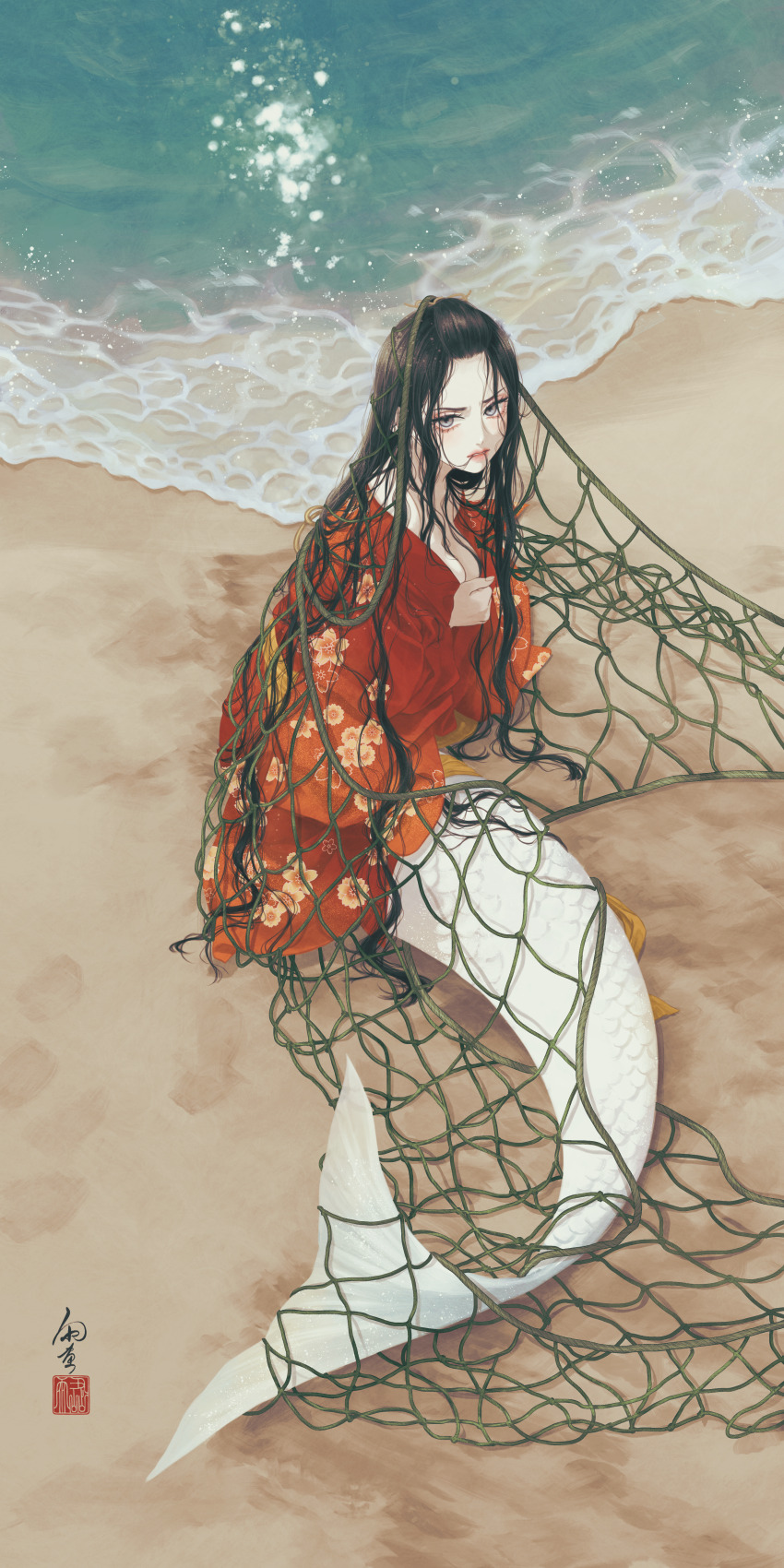 1girl absurdres beach black_hair commentary_request entangled fishing_net full_body hair_in_own_mouth highres japanese_clothes kimono long_hair looking_at_viewer mermaid monster_girl on_ground original red_kimono seal_impression signature sitting solo ushiyama_ame