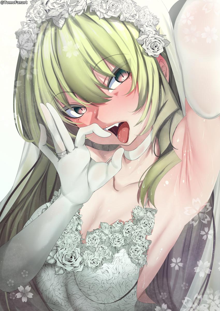 1girl absurdres armpit_focus armpits artist_name breasts bride commentary dress elbow_gloves english_commentary fellatio_gesture flower gloves green_hair hair_flower hair_ornament highres honkai_(series) honkai_impact_3rd jewelry long_hair looking_at_viewer medium_breasts mobius_(honkai_impact) ok_sign open_mouth presenting_armpit purple_eyes ring rose simple_background slit_pupils tomodachi_(tomofanart) wedding_dress wedding_ring white_background white_dress white_flower white_gloves white_rose