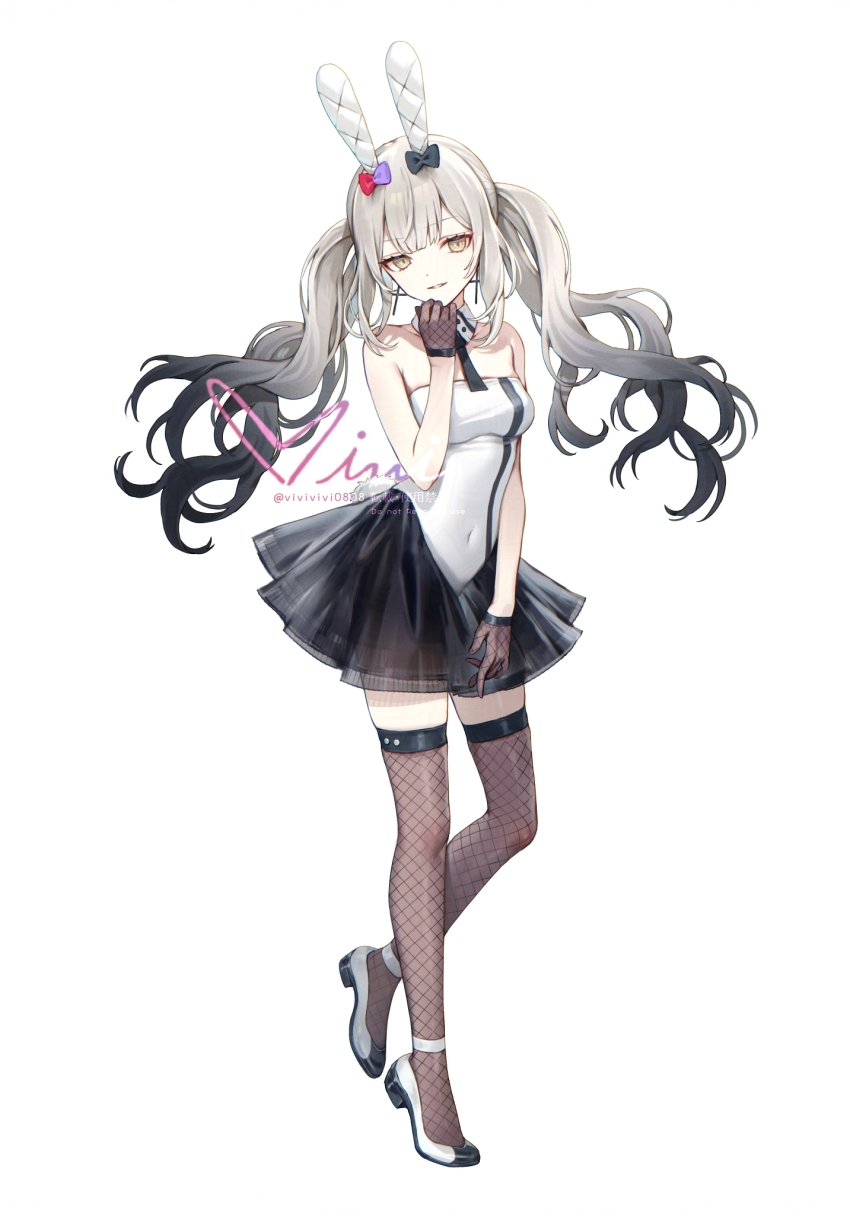 1girl animal_ears bare_shoulders black_skirt breasts brown_gloves brown_thighhighs commentary_request fake_animal_ears fate/grand_order fate_(series) full_body gloves gradient_hair grey_hair highres long_hair looking_at_viewer marie_antoinette_(fate) marie_antoinette_alter_(fate) medium_breasts multicolored_hair rabbit_ears shirt sidelocks siiqa_vivi skirt sleeveless sleeveless_shirt smile solo thighhighs twintails white_hair white_shirt yellow_eyes