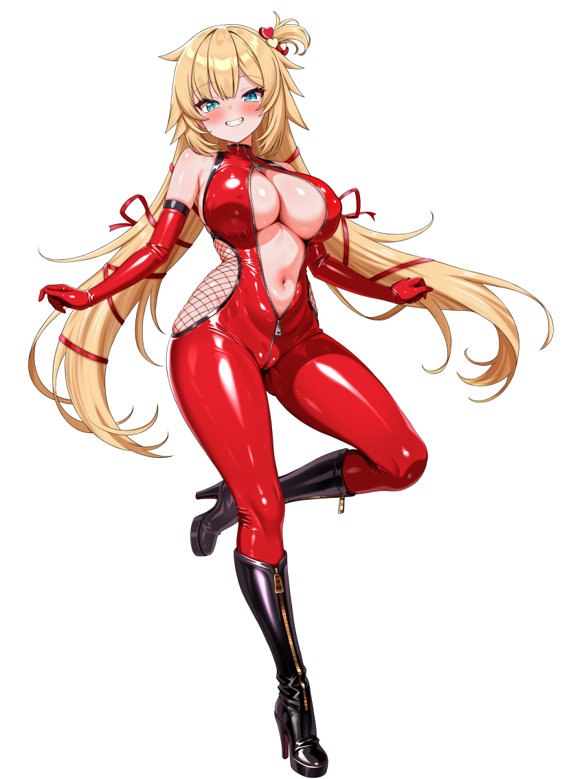 1girl absurdres akai_haato black_boots bodystocking bodysuit boots breasts catsuit cleavage commentary_request elbow_gloves fishnet_bodystocking fishnets full_body gloves hair_ornament heart heart_hair_ornament high_heel_boots high_heels highres hololive knee_boots large_breasts latex latex_bodysuit long_hair naguanan red_bodysuit red_gloves shoes solo standing taimanin_suit very_long_hair virtual_youtuber