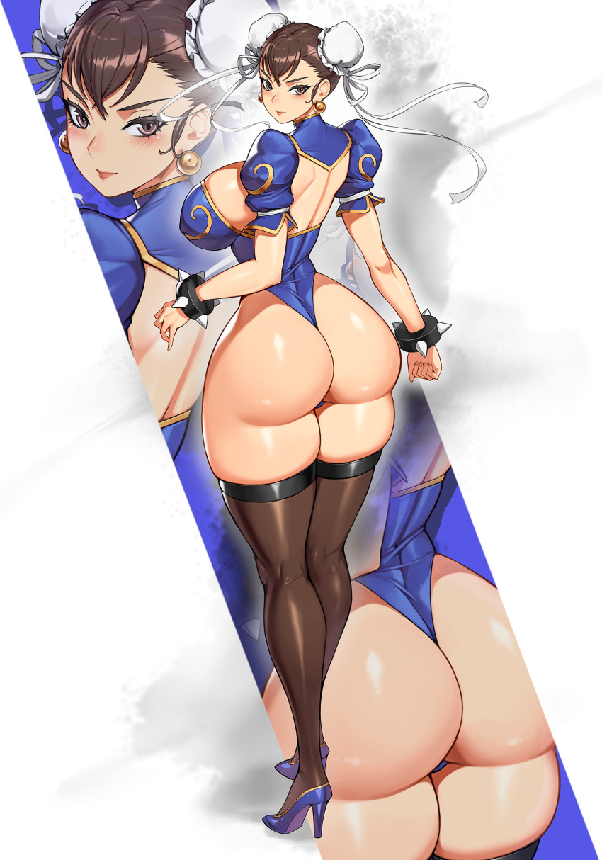 absurdres ass bare_back blue_leotard blue_shoes bracelet breasts brown_eyes brown_hair brown_pantyhose capcom chun-li closed_mouth double_bun earrings from_behind gold_trim gurimjang hair_bun high_heels highleg highleg_leotard highres huge_ass huge_breasts impossible_clothes jewelry legs_together leotard light_smile looking_at_viewer looking_back pantyhose puffy_short_sleeves puffy_sleeves revealing_clothes shadow shoes short_sleeves shrug_(clothing) sideboob spiked_bracelet spikes standing street_fighter thick_thighs thighhighs thighs wide_hips
