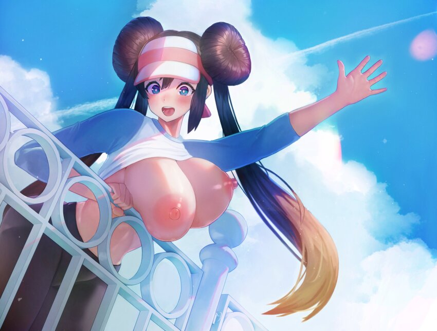 1girl against_railing balcony black_hair black_pants black_pantyhose blonde_hair blue_eyes blush breasts breasts_out bright_pupils clothes_lift double_bun hair_bun highres large_breasts leaning_forward long_hair long_twintails multicolored_hair nintendo nipples noperori open_mouth outdoors pants pantyhose pokemon pokemon_bw2 public_indecency public_nudity railing rosa_(pokemon) shirt_lift sky solo standing twintails visor_cap waving white_pupils