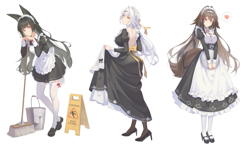 3girls absurdres alternate_costume animal_ear_fluff animal_ears apron backless_dress backless_outfit black_dress black_hair black_shoes breasts brown_hair brown_tail bucket closed_mouth collar commentary_request dress droopy_ears enmaided fox_ears fox_girl frilled_collar frilled_dress frilled_hairband frills from_side full_body hair_ornament hairband hairpin heart highres hoshimi_miyabi large_breasts long_hair looking_at_viewer maid maid_apron maid_headdress mary_janes medium_breasts multiple_girls open_mouth red_eyes ribbon shengkai167 shoes sign simple_background single_hair_intake skirt_hold smile spoken_heart tail thighhighs very_long_hair warning_sign white_apron white_background white_hair white_thighhighs ye_shunguang yellow_eyes yellow_ribbon yixuan_(zenless_zone_zero) zenless_zone_zero