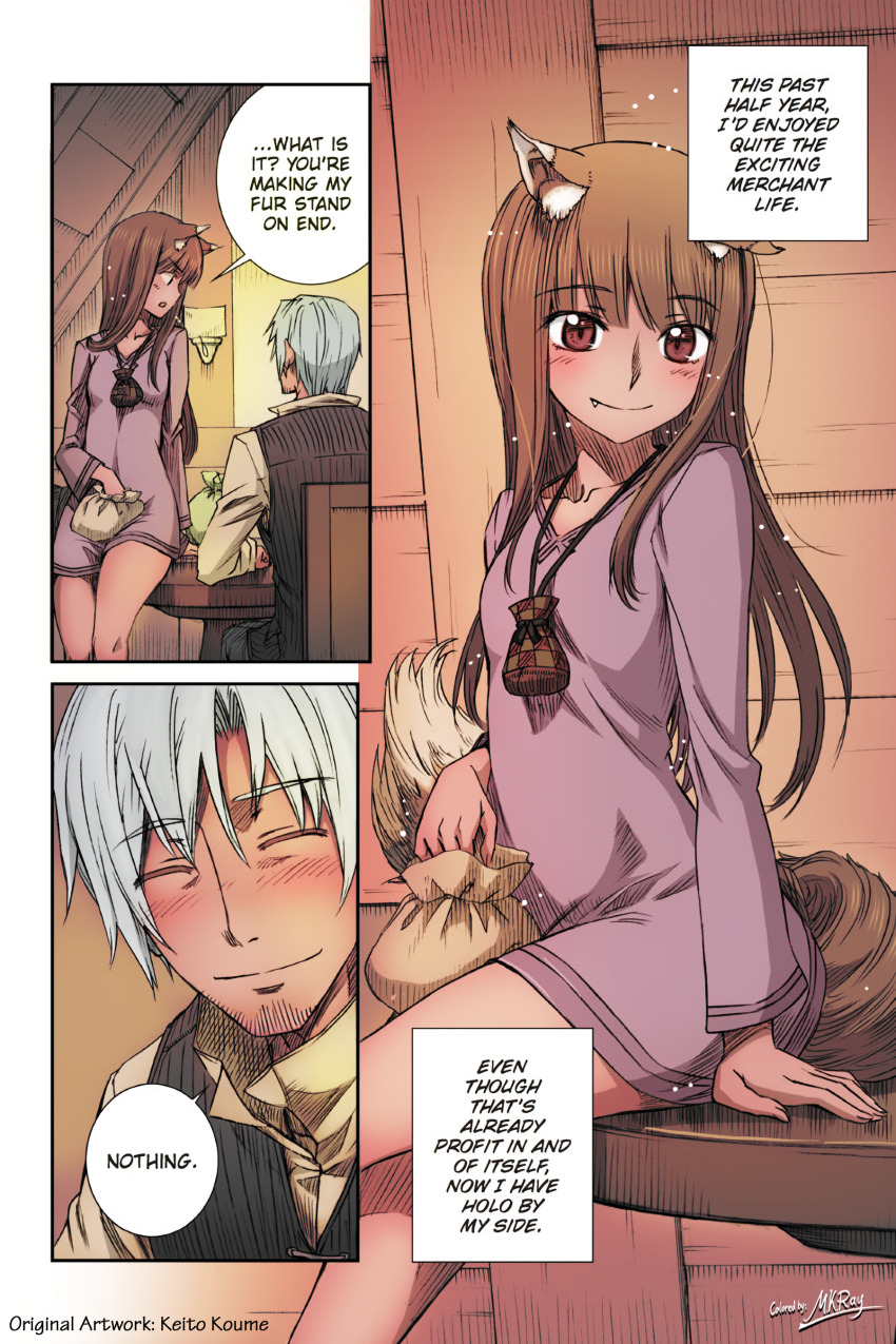 1boy 1girl animal_ears bare_legs blush closed_eyes colorized craft_lawrence dress english_text fang fang_out holo jewelry koume_keito long_hair necklace official_art orange_hair red_eyes short_dress sitting sitting_on_table smile spice_and_wolf tail third-party_edit white_hair wolf_ears wolf_girl wolf_tail