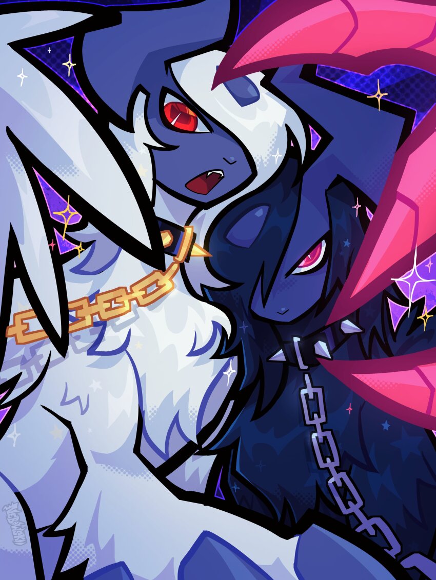 absol absurdres animal_focus asymmetrical_horns black_fur black_hair blue_horns body_fur chain chain_leash claws collar fangs feathered_wings gen_3_pokemon hair_over_one_eye highres horns leash looking_at_viewer mega_absol mega_absol_z mega_pokemon nebowskii nintendo no_humans one_eye_covered open_mouth pokemon pokemon_(creature) pokemon_focus red_eyes spiked_collar spikes uneven_horns white_fur white_hair white_wings wings