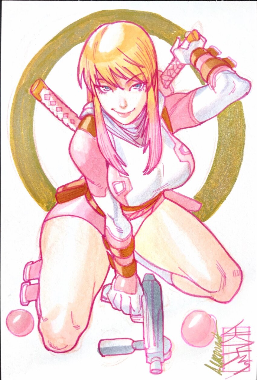 1girl acecore2k blonde_hair blue_eyes breasts commentary commission deadpool_(series) english_commentary gloves gradient_hair gun gwenpool highres holding holding_gun holding_weapon hooded_leotard katana kneeling large_breasts leotard long_hair looking_at_viewer marker_(medium) marvel multicolored_hair multicolored_leotard pen_(medium) pink_hair pink_leotard pink_lips smile solo superhero_costume sword sword_on_back traditional_media two-tone_leotard weapon weapon_on_back white_background white_gloves white_leotard