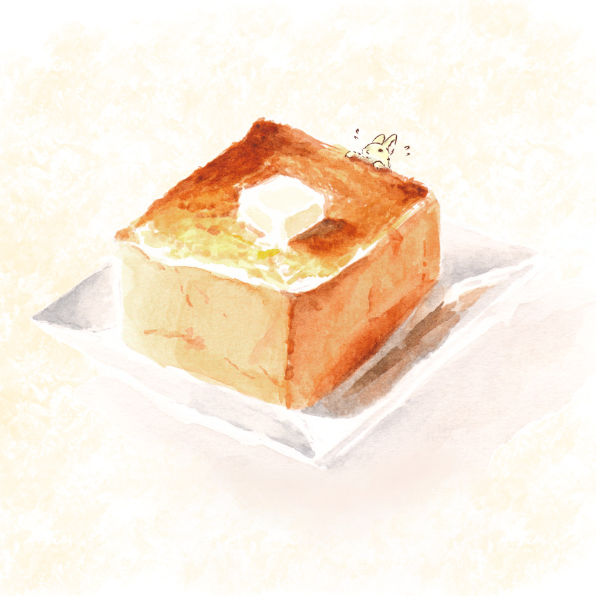 absurdres animal bread bread_slice butter commentary_request food food_focus highres no_humans norahy original procreate_(medium) rabbit simple_background still_life white_background