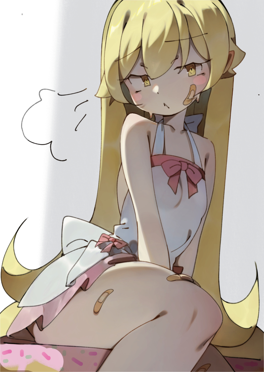 1girl :< absurdres bandaid bandaid_on_face bandaid_on_leg bare_shoulders blonde_hair blush_stickers bow breasts closed_mouth commentary deko_morii english_commentary highres long_hair looking_at_viewer monogatari_(series) oshino_shinobu pointy_ears simple_background sitting small_breasts solo thighs white_background yellow_eyes