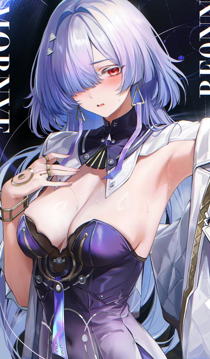 1girl alternate_breast_size_(larger) armpits blush breasts character_name cleavage colored_eyelashes commentary covered_navel dark_background earrings fingernails grey_hair hair_intakes hair_ornament hair_over_one_eye hand_up highres jewelry large_breasts long_hair looking_at_viewer mornye_(wuthering_waves) multiple_rings parted_lips re0n red_eyes ring solo sweat triangle_earrings upper_body wuthering_waves