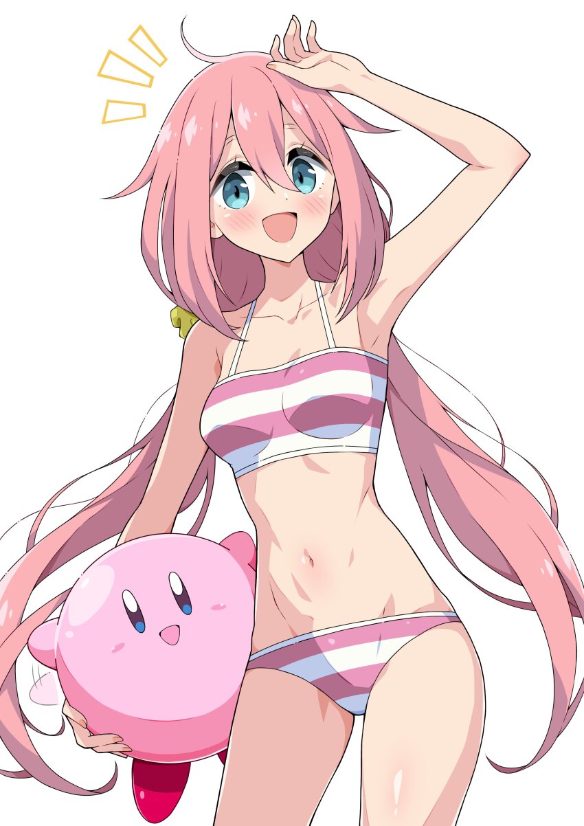 1girl absurdres bare_shoulders bikini blue_eyes blush breasts bubble collarbone commentary_request crossover eggman_(ni_tamagoex) fingernails heart highres kagamihara_nadeshiko kirby kirby_(series) long_hair looking_at_viewer multicolored_bikini navel nintendo notice_lines open_mouth palm_tree pink_bikini pink_hair pink_nails salute simple_background smile stomach striped_bikini striped_clothes swimsuit thighs translation_request tree two-tone_bikini white_background white_bikini yurucamp