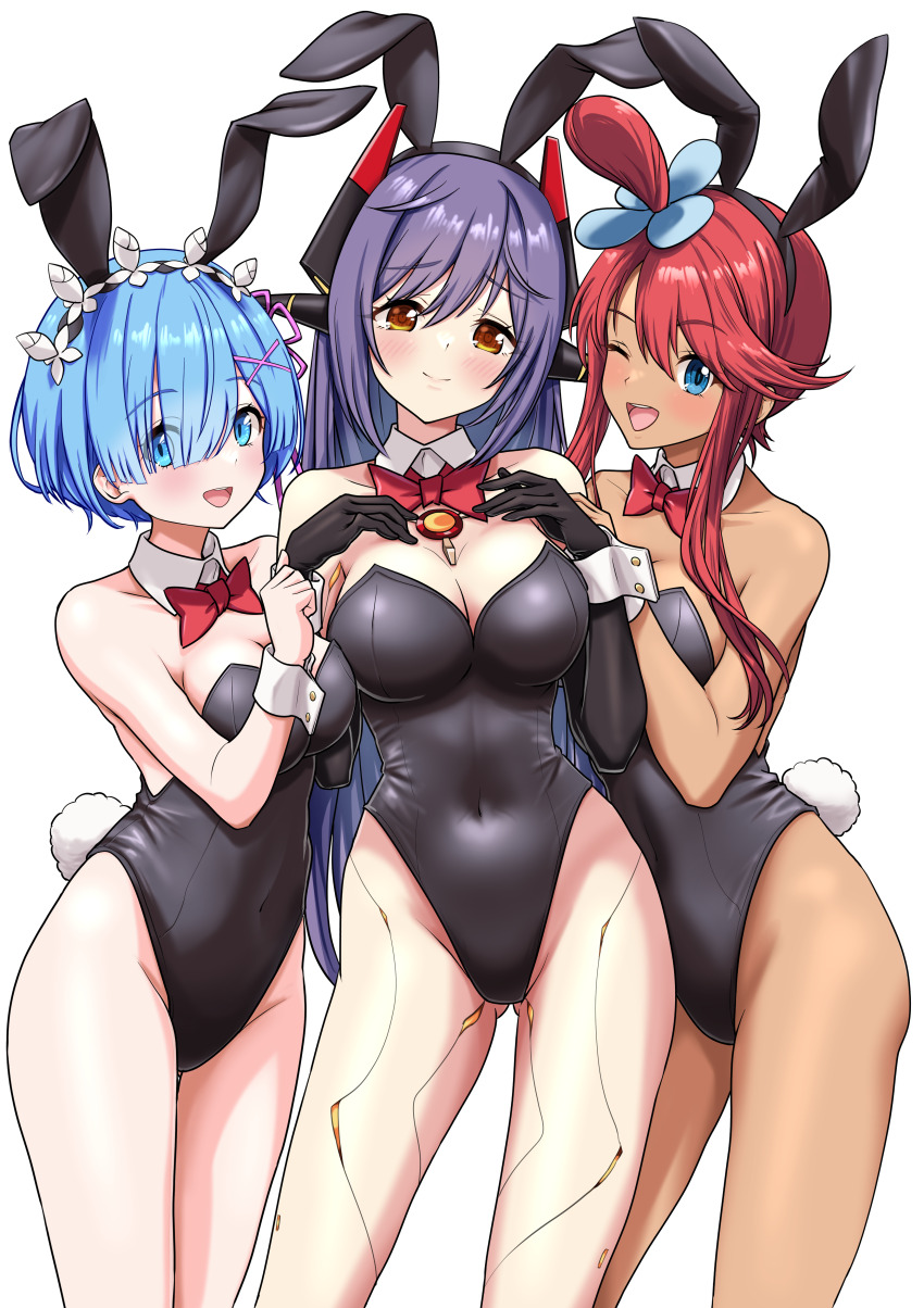3girls absurdres android animal_ear_hairband animal_ears bare_legs bare_shoulders black_leotard blue_eyes blue_hair blush border bow bowtie breasts cheenosuke cleavage commentary_request core_crystal_(xenoblade) crossover elbow_gloves fake_animal_ears fake_tail gloves gluteal_fold hair_ornament hair_over_one_eye hair_ribbon hairband highleg highleg_leotard highres joints large_breasts leotard long_hair looking_at_viewer maid_headdress medium_breasts multiple_girls nintendo one_side_up open_mouth pink_ribbon pokemon pokemon_bw poppi_(xenoblade) poppi_qtpi_(xenoblade) purple_hair rabbit_ear_hairband rabbit_ears re:zero_kara_hajimeru_isekai_seikatsu red_hair rem_(re:zero) ribbon robot_ears robot_joints short_hair short_hair_with_long_locks sidelocks skyla_(pokemon) smile tail very_long_hair white_background white_wrist_cuffs wrist_cuffs x_hair_ornament xenoblade_chronicles_(series) xenoblade_chronicles_2 yellow_eyes