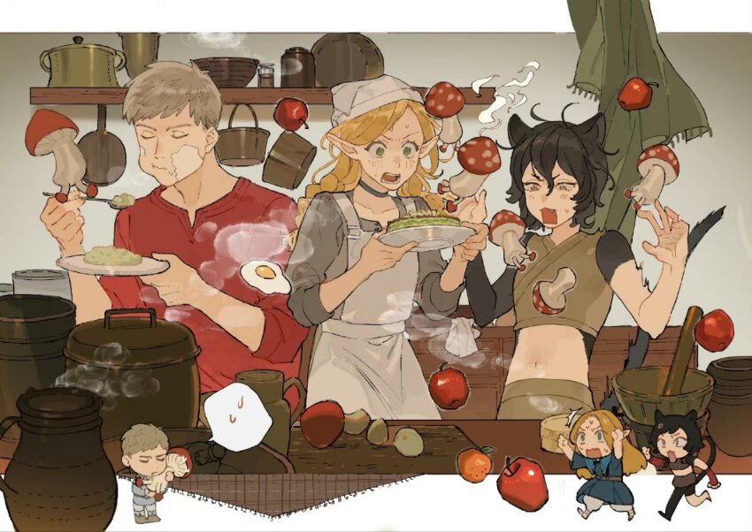 1boy 2girls animal_ears apple apron bare_shoulders black_fur black_hair bowl braid brown_hair cane_port cat_ears cat_girl cat_tail chibi chibi_inset commentary cooking_pot crop_top curtains cutting_board dress drooling dungeon_meshi eating egg_(food) egg_yolk elf english_commentary fang food food_on_face fruit green_eyes grey_dress holding holding_plate izutsumi jar kitchen laios_touden long_hair marcille_donato mortar_(bowl) multiple_girls mushroom open_mouth plate pointy_ears red_shirt running shirt short_hair skirt spoken_sweatdrop steam surprised sweatdrop swept_bangs tail twin_braids v-shaped_eyebrows vambraces walking_mushroom_(dungeon_meshi) white_apron yellow_eyes