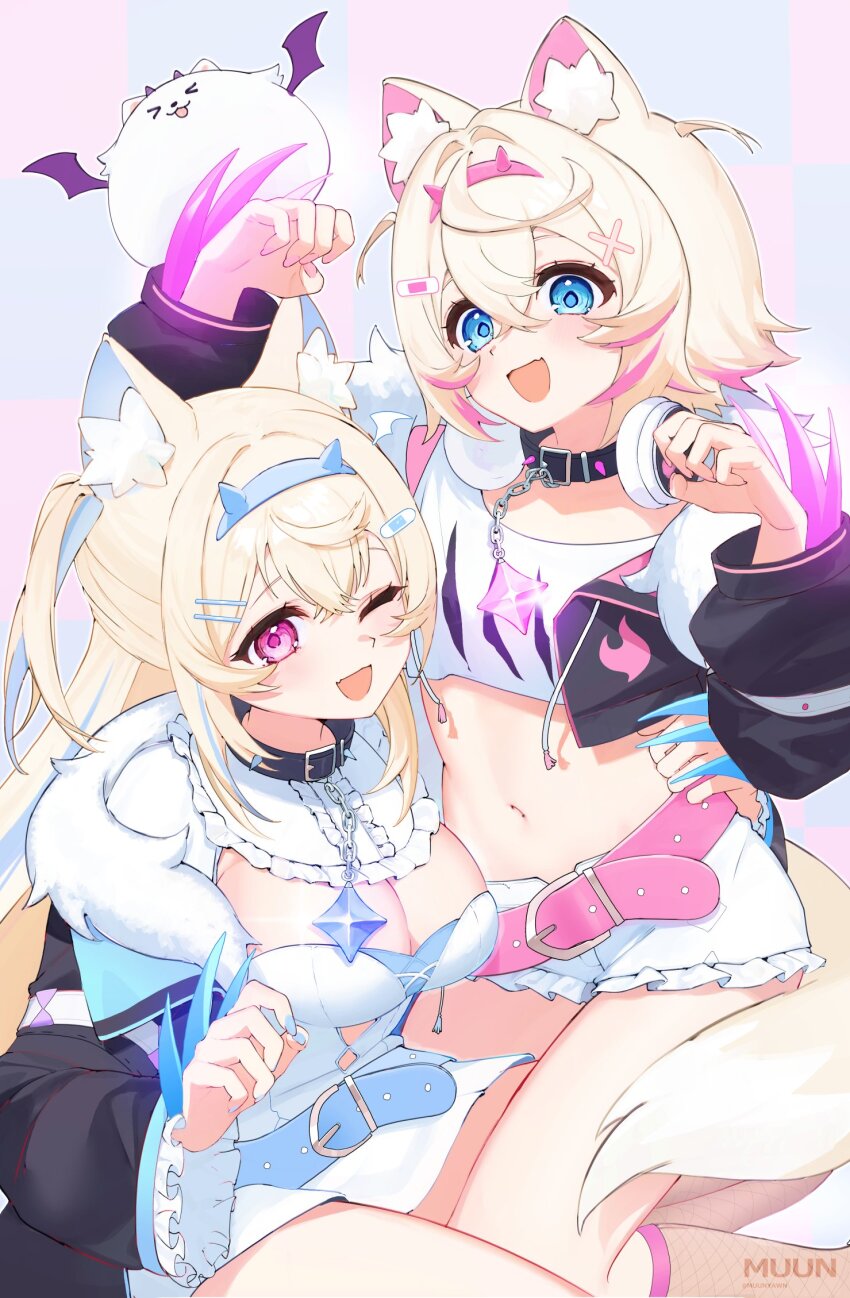 2girls ;d animal_collar animal_ears arms_around_waist artist_name bandaid bandaid_hair_ornament belt belt_collar bib_collar black_collar black_jacket black_necktie blonde_hair blue_belt blue_eyes blue_hairband blue_streaks blush breasts brown_socks center_frills checkered_background claw_(weapon) cleavage cleavage_cutout clothing_cutout collar commentary cropped_jacket cropped_shirt crossed_bangs cutout_above_navel detached_collar dog_ears dog_girl dog_tail double-parted_bangs dress fake_horns fang fishnet_socks fishnets frilled_shirt_collar frilled_shorts frilled_sleeves frills fur-trimmed_jacket fur_trim fuwawa_abyssgard fuwawa_abyssgard_(1st_costume) hair_between_eyes hair_intakes hair_ornament hairband hairclip highres hololive hololive_english horn_hairband horns jacket kneehighs kneeling large_breasts long_hair long_sleeves looking_at_viewer midriff mococo_abyssgard mococo_abyssgard_(1st_costume) multicolored_hair multiple_girls muunyawn nail_polish navel necktie one_eye_closed open_mouth parallel_hairclips perroccino_(fuwamoco) pink_belt pink_eyes pink_hairband pink_nails pink_streaks shirt short_dress short_hair short_shorts shorts siblings sisters sitting skin_fang smile socks spiked_collar spikes streaked_hair symbol-only_commentary t-shirt tail twins two_side_up virtual_youtuber weapon white_dress white_shirt white_shorts x_hair_ornament