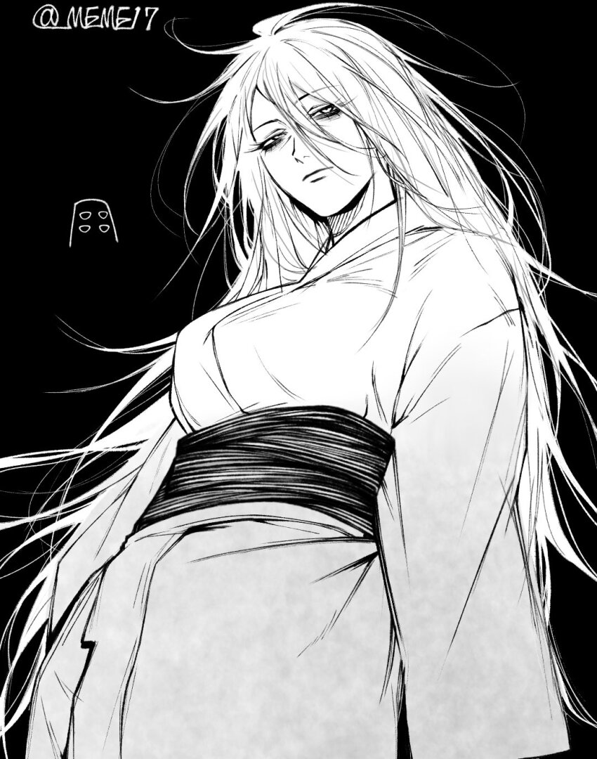 1girl bags_under_eyes black_background black_sash breasts commentary_request english_text four_eyes greyscale hair_over_shoulder highres japanese_clothes jujutsu_kaisen kimono large_breasts long_eyelashes long_hair long_sleeves meme17 messy_hair monochrome sash solo solo_focus tengen_(jujutsu_kaisen) twitter_username very_long_hair white_eyes white_hair white_kimono