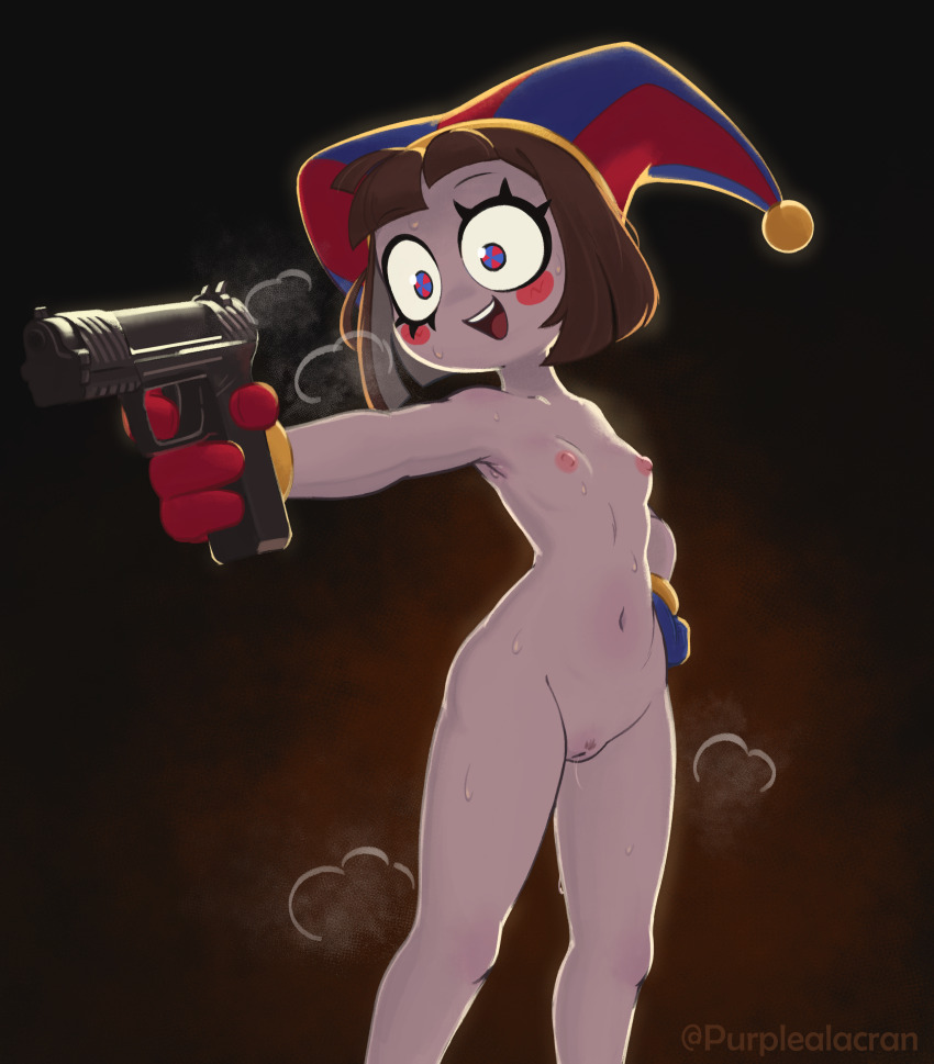 1girl :d artist_name black_background blue_eyes blue_gloves blush_stickers breasts brown_hair cleft_of_venus completely_nude gloves gun hand_on_own_hip handgun hat heart holding holding_gun holding_weapon jester_cap loli multicolored_eyes multicolored_headwear navel nipples nude open_mouth pomni_(the_amazing_digital_circus) purplealacran pussy red_eyes red_gloves short_hair small_breasts smile solo standing steaming_body striped_clothes striped_headwear sweat symbol-shaped_pupils teeth the_amazing_digital_circus two-tone_eyes uncensored upper_teeth_only weapon