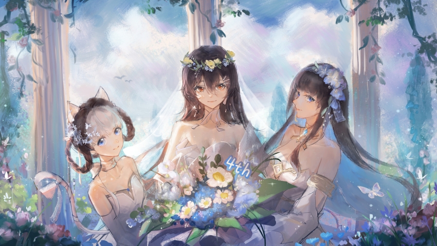 3girls absurdres animal_ears anniversary bambinata_(pgr) bare_shoulders black_hair blue_eyes blue_flower blue_hair blue_hairband blunt_bangs bouquet braid braided_hair_rings bug butterfly cat_ears cat_girl cat_tail cloud collarbone colored_inner_hair detached_sleeves diffraction_spikes dress flower flower_hairband hair_between_eyes hair_flower hair_ornament hair_rings hairband hairclip heart heart-shaped_pupils highres holding holding_bouquet holding_together insect ivy light_particles looking_at_viewer lucia:_plume_(dance_of_ripplets)_(pgr) lucia_(pgr) mriyak multicolored_hair multiple_girls official_alternate_costume pillar pink_flower punishing:_gray_raven red_eyes selena:_tempest_(aria_of_nymph)_(pgr) selena_(pgr) split-color_hair strapless strapless_dress symbol-shaped_pupils tail two-tone_hair upper_body veil white_dress white_hair white_sleeves wreath