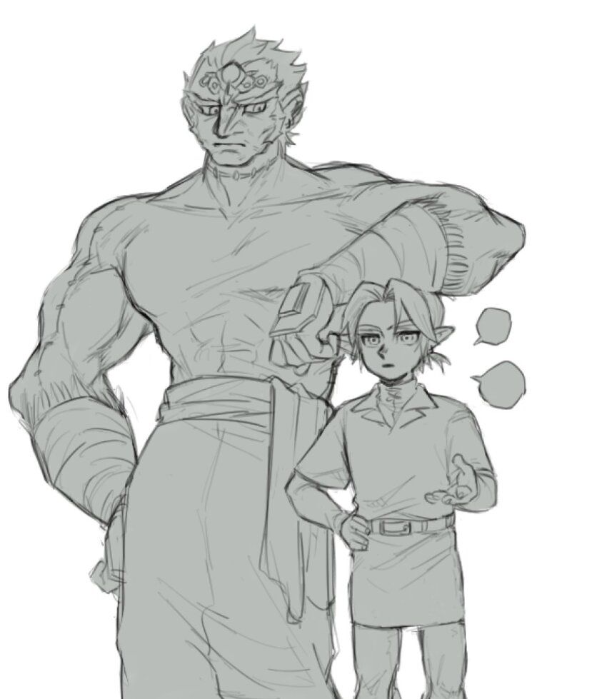 2boys arm_on_another's_head belt big_nose blank_speech_bubble commentary_request forehead_jewel ganondorf grrr0111 hat highres less_than_chest_height light_frown link looking_at_another male_focus multiple_boys muscular muscular_male nintendo open_mouth pants pointy_ears ponytail scar short_hair short_ponytail sideburns speech_bubble standing the_legend_of_zelda tunic white_background