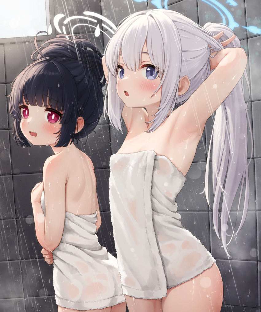 2girls absurdres armpits arms_up black_hair blue_archive blue_eyes blue_halo blush breasts commentary comodox cowboy_shot english_commentary hair_bun halo highres indoors long_hair looking_at_viewer miyako_(blue_archive) miyu_(blue_archive) multiple_girls naked_towel open_mouth ponytail red_eyes shower_(place) showering small_breasts tile_wall tiles towel variant_set white_halo