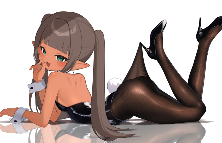 1girl absurdres ass backless_leotard black_leotard black_pantyhose black_shoes blush breasts brown_hair chiimanju dark-skinned_female dark_skin elf fake_tail fang from_side green_eyes high_heels highres lace_pantyhose_hooked_on_heel_(meme) leotard loli long_hair looking_at_viewer lying meme nyoko_(chiimanju) on_stomach open_mouth original pantyhose playboy_bunny pointy_ears pumps rabbit_tail reflection shoes simple_background skin_fang small_breasts smile solo strapless strapless_leotard tail turning_head twintails white_background white_wrist_cuffs wrist_cuffs