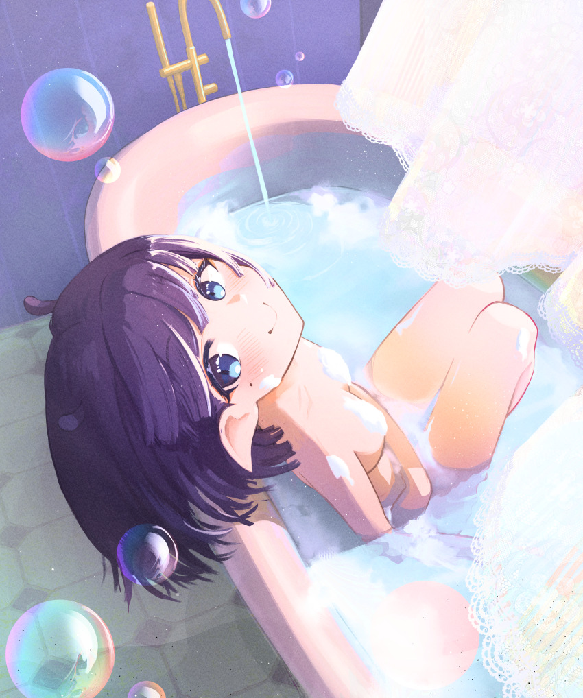 1girl absurdres bath bathing bathtub besi_(besidoesart) blue_eyes breasts closed_mouth convenient_censoring curtains highres hololive hololive_english indoors knees_up looking_at_viewer ninomae_ina&#039;nis nude pointy_ears purple_hair small_breasts smile soap_bubbles solo tentacle_hair virtual_youtuber water