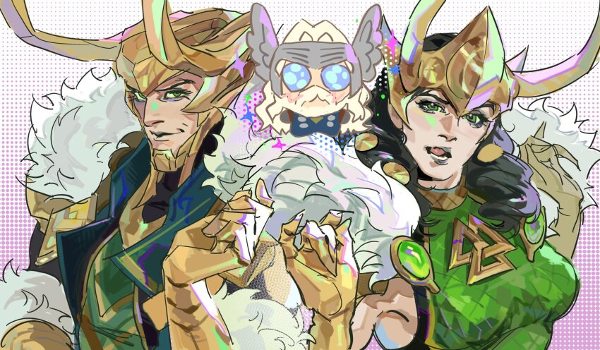 1girl animification armor beard black_hair breasts brother_and_sister brothers cape chibi facial_hair fake_horns fur-trimmed_cape fur_trim gloves gold_gauntlets gold_gloves gold_headwear gold_helmet green_armor hashtag-only_commentary highres horned_headwear horned_tiara horns lady_loki large_breasts loki_(marvel) long_hair looking_at_viewer marvel marvel_rivals scale_armor siblings smile superhero_costume thor_(marvel) tiara zhangwukimapipi