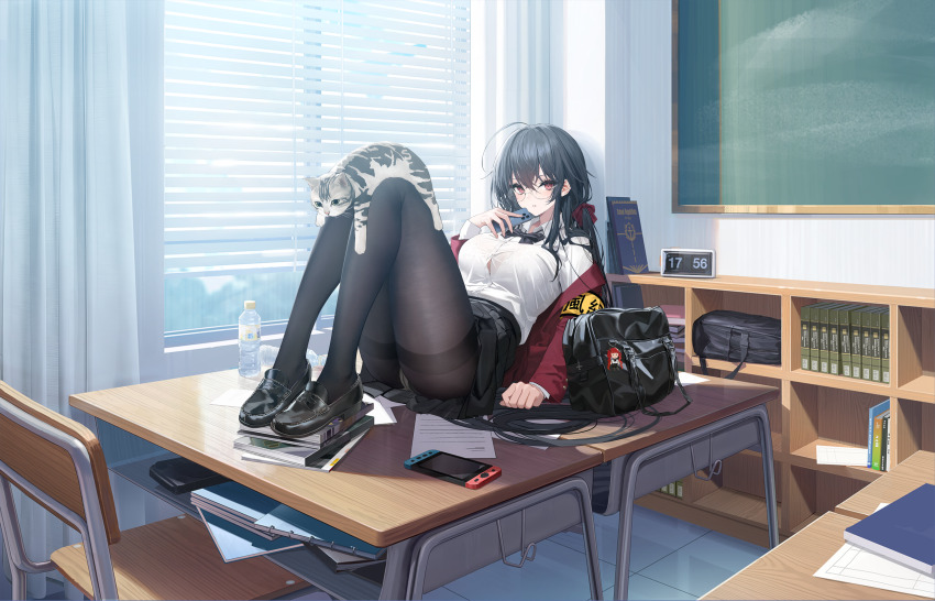 1girl absurdres armband azur_lane bag bespectacled black_bow black_bowtie black_hair black_panties black_pantyhose black_shoes black_skirt blurry blurry_foreground bottle bow bowtie breasts button_gap cat cellphone classroom clock collared_shirt desk glasses hair_between_eyes hand_up highres holding holding_phone honolulu_(azur_lane) honolulu_(umbrella_girl)_(azur_lane) indoors jacket knees_up large_breasts loafers long_hair long_sleeves looking_at_viewer non-web_source official_alternate_costume official_art on_desk open_clothes open_jacket out_of_frame panties panties_under_pantyhose pantyhose pantyshot phone pleated_skirt reclining red_eyes red_jacket revision school_bag school_desk school_uniform see-through_clothes see-through_shirt shirt shoes sitting skirt smartphone solo solo_focus tabby_cat taihou_(azur_lane) taihou_(sweet_time_after_school)_(azur_lane) thighband_pantyhose transparent_background underwear viewer_holding_phone water_bottle white_panties white_shirt yellow_armband yunsang