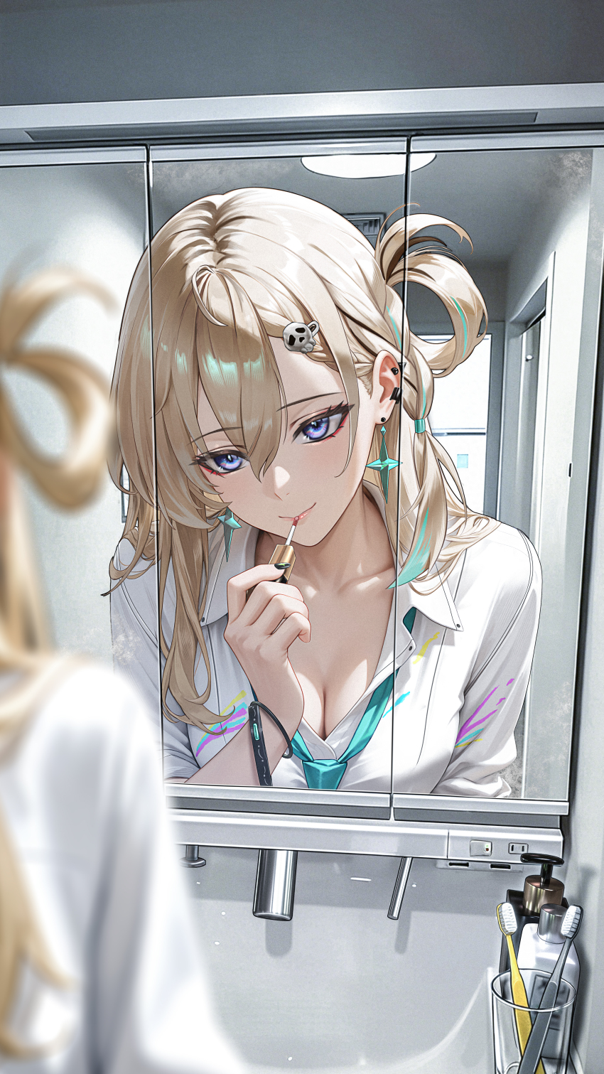 1girl absurdres aqua_necktie bathroom blonde_hair blue_eyes breasts cleavage closed_mouth collarbone commentary_request earrings fuann hair_between_eyes hair_ornament highres indoors jewelry lynae_(wuthering_waves) medium_breasts multicolored_hair necktie reflection reflection_focus shirt skull_hair_ornament smile solo star_(symbol) star_earrings streaked_hair white_shirt wuthering_waves