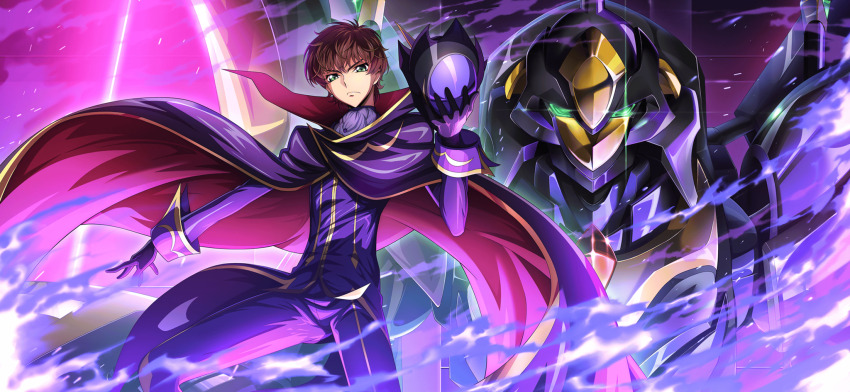 1boy black_cape black_gloves brown_hair cape closed_mouth code_geass code_geass:_lost_stories commentary_request dated f4samurai from_side gloves green_eyes helmet highres holding holding_unworn_helmet knightmare_frame lancelot_(code_geass) lancelot_albion_zero male_focus mecha official_art robot short_hair solo standing unworn_headwear unworn_helmet