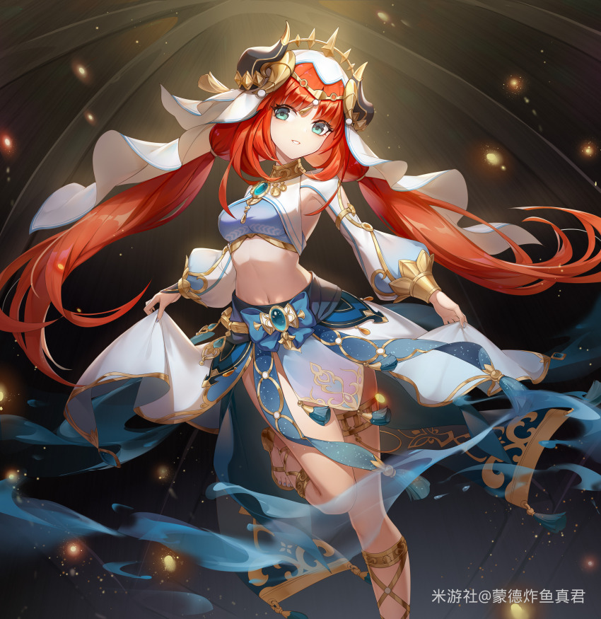 1girl absurdres aqua_eyes blue_bow blue_gem blue_skirt bow bracer breasts brooch chinese_commentary circlet commentary_request crop_top dancer detached_sleeves fake_horns floating_hair gem genshin_impact gladiator_sandals gold_trim green_eyes harem_outfit highres horns jewelry leg_up long_hair long_sleeves looking_at_viewer low_twintails medium_breasts mengde_zhayu_zhenjun midriff miyoushe_watermark navel neck_ring nilou_(genshin_impact) parted_bangs parted_lips puffy_long_sleeves puffy_sleeves red_hair sandals skirt skirt_hold solo standing standing_on_one_leg stomach thighlet thighs twintails veil very_long_hair watermark