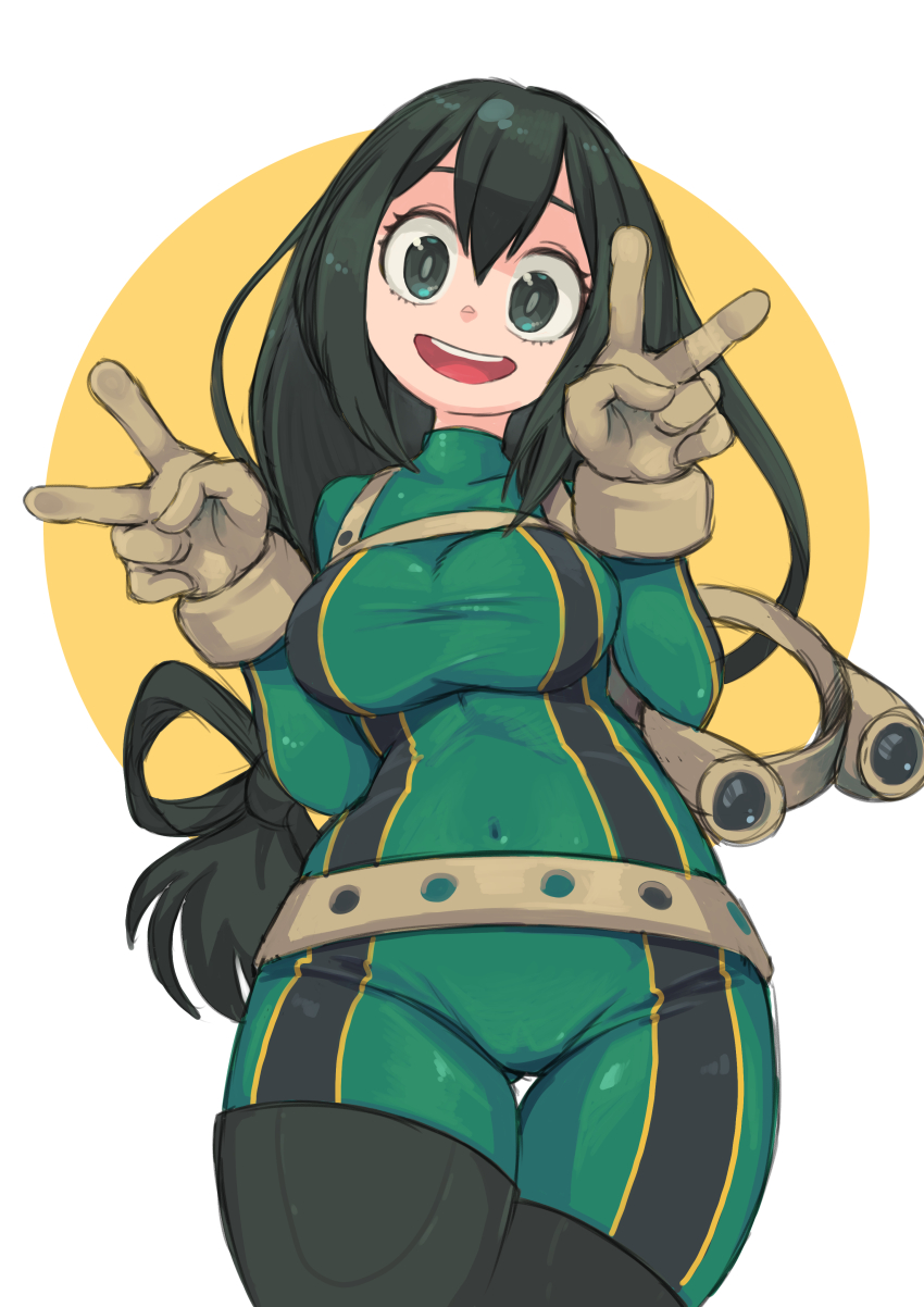 1girl :d absurdres asui_tsuyu black_hair bodysuit boku_no_hero_academia breasts brown_gloves contrapposto covered_erect_nipples cowboy_shot double_v gloves green_bodysuit green_eyes hair_between_eyes hair_rings hands_up hashtag-only_commentary highres long_hair looking_at_viewer low-tied_long_hair okera open_mouth simple_background smile solo standing thigh_gap v white_background